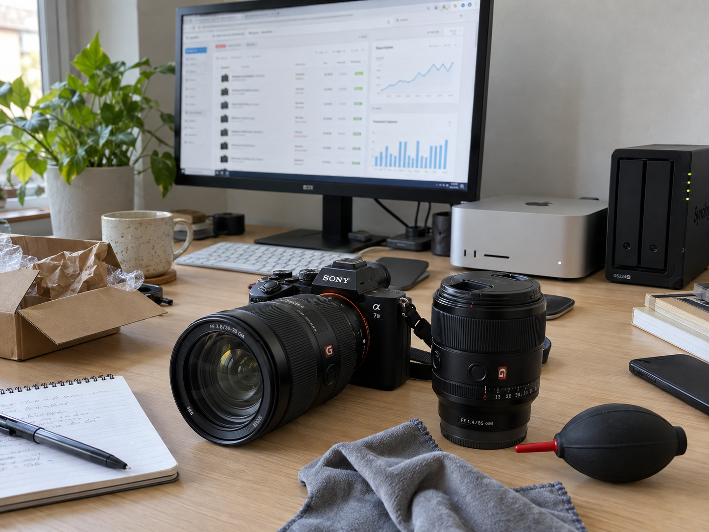 Pracovní stůl hafoto.cz: Sony A7 IV s objektivy G Master, Mac Studio, NAS Synology a monitor s přehledem prodeje